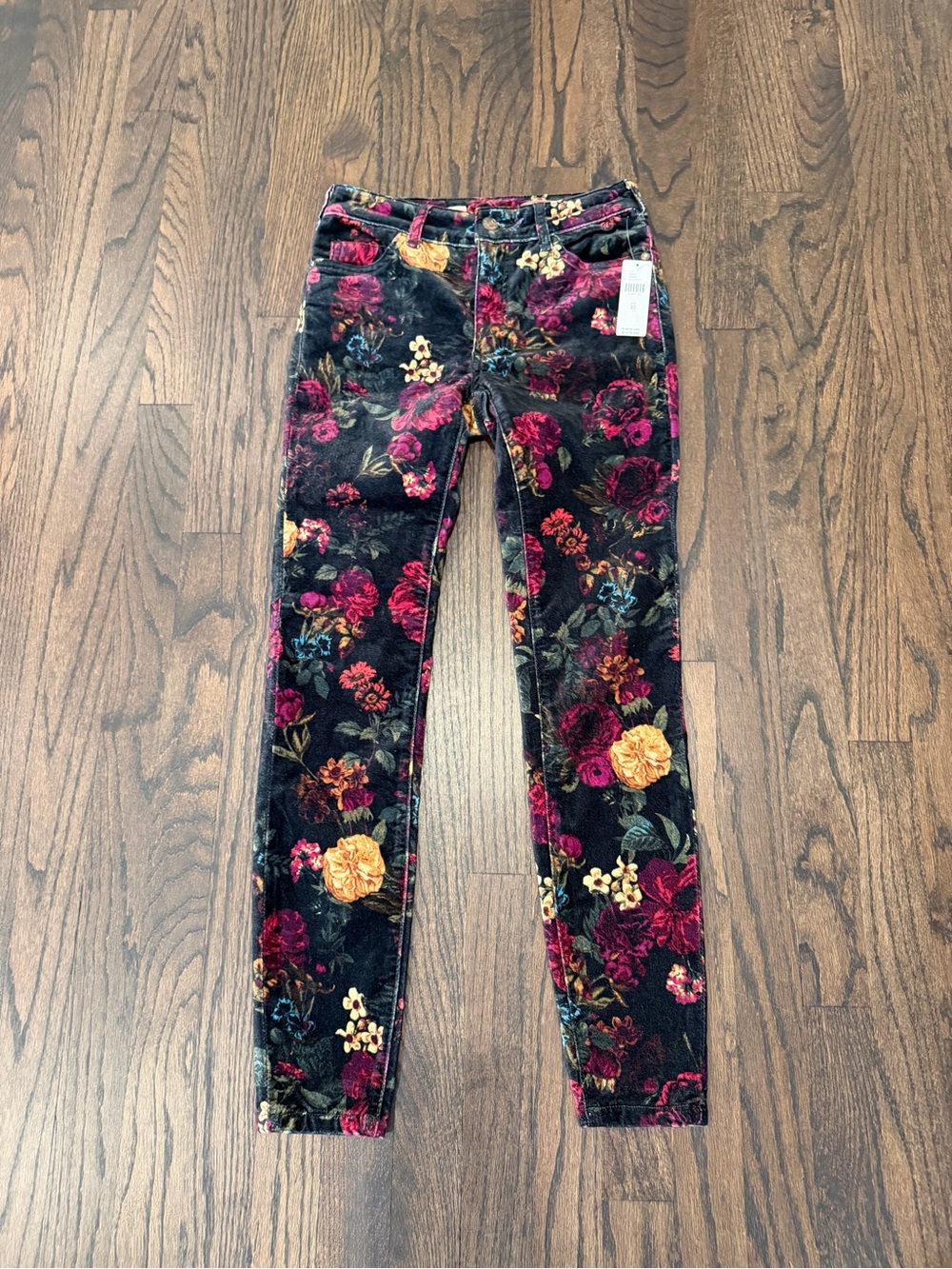 Pilcro Black Velvet Skinny Jeans with Multicolor Floral Print